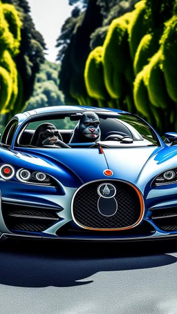 Make a ape drive a Bugatti with Sunglasses on