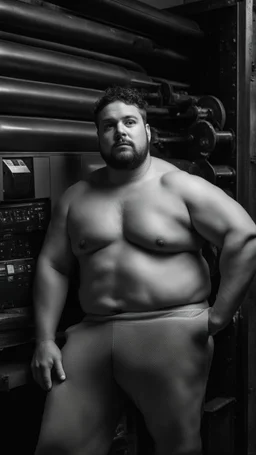 italian strong chubby 30 year old man in bulging tracksuit, short beard, shirtless, printer in an old printing house, next to a huge old printer, dim light, side light, ambient occlusion