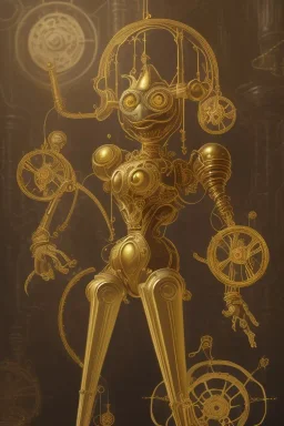 concept art of a giant mechanical clockwork marionette made of brass and gold in a dark moody interior, puppet, ornate, engraved highly detailed, fantasy, render, digital painting, trending on artstation, illustration, in the style of piotr jablonski, artgerm and greg rutkowski, dishonored, arkane lyon