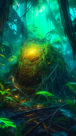 An Amazon jungle made of tangled, glowing threads and sharp, beautiful shards of glass, vulnerable and strong, surreal anatomy, emotional