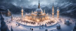 Hyper Realistic areal Photographic-aerial-view of lots-of-young-muslim-men-worshiping outside a Huge-Beautiful-Iced-Mosque-with-detailed-craft-work-on-walls & with Frozen-Iced-minarets & stone-boundary-wall on a frozen-mountain-top with heavy-snowfall-night showing dramatic & cinematic ambiance.