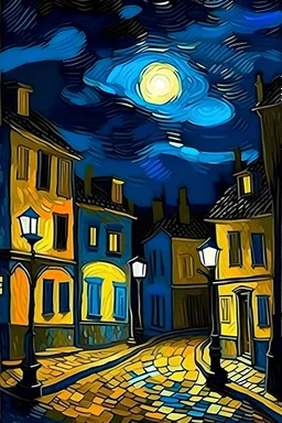 village in night with lamp bult in streets by van Gogh.