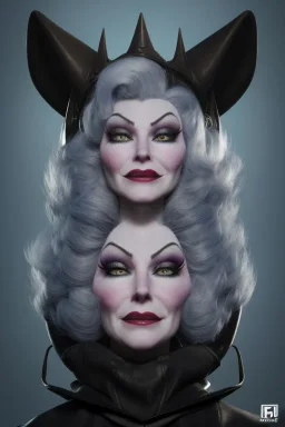 Mae West as evil queen in black leather, leather, busty, cleavage, angry, stern look. character design by cory loftis, fenghua zhong, ryohei hase, ismail inceoglu and ruan jia. unreal engine 5, artistic lighting, highly detailed, photorealistic, fantasy