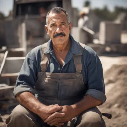 photography of a marocan ugly burly serious wet sweaty, beefy strong fat carpenter, shirtless, in overall, bulge, manly chest, big salt-and-pepper mustache 52 years old, short hair, sitting with open legs on a little chair , on a construction site in the middle of a road, under the August sun, emotional eyes, , hyper-realistic, photorealistic , frontal view from the ground