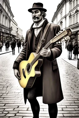 One single mature light labrador, historic clothes, playing guitar in the street , Vienna, friendly, model style, hyper realistic, extremely accurate, delicate, extremely detailed, Graphic novel style, wide-angle, open aperture, superfine pencil