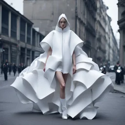 oversize dress, white, avant-garde design, street style, post modern design, traditional and new, haute couture, model, fashion show, full body, front stance, mannequin, fashion design, exploring the intersection of creativity and self-expression art by unconventional materials and interactive elements,