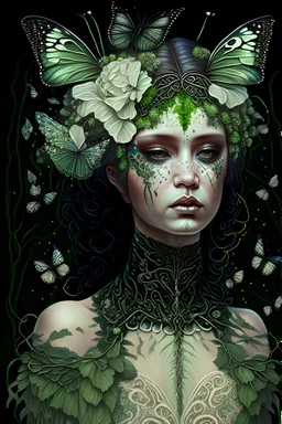 beautifulyoung woman adorned with butterflies and lily flowers with white, green crystals and little moss on them, headdress wearing butterfly embossed dark goth punk shamanism style floral embossed and ribbed dress organic bio spinal ribbed detail of art nouveau background extremely detailed hiperrealistic maximalist portrait art