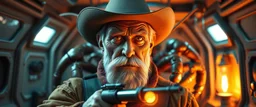 air brush 3d with pen outline,seasoned handsome gunslinger western fluffy elder edgy hero with slightly glowing eyes in front of glistening space lobster dog, shallow depth of field, warm lantern, pin hole cam in doll house space ship, bottom floor board edge border