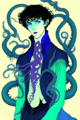 16 year old boy warlock with milky blue eyes, and 1lamprey tentacle coming out of his belly in the style of Harry Clarke