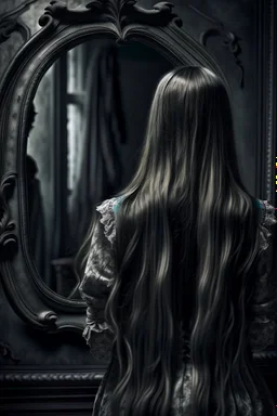 back view of a woman, beautiful long hair, her reflection in a mirror is an empty face, symbolism for the question "who am I", 32k, Mysterious and gothic, chaotic