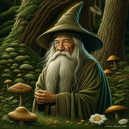 Gandalf, painted, digital painting, 24k, high resolution, highly detailed, cozy, forest with leafs, mushrooms and flowers, smooth, art by JOHN STEPHENS