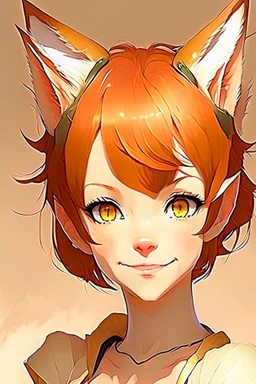 A young female with very short red hair, gold eyes, large fox ears, slight smile, pale skin anime