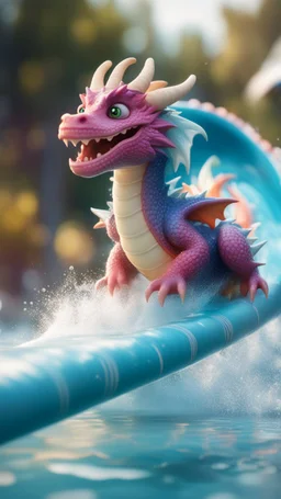 portrait of soap star fluffy dragon in a big jump water slide,bokeh like f/0.8, tilt-shift lens 8k, high detail, smooth render, down-light, unreal engine, prize winning