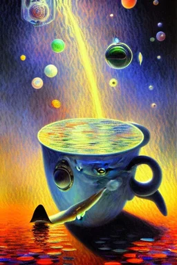 cup of coffee on sperm whale floating in space, monet style