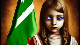 A girl wearing a Palestinian dress with tears in her eyes Her eye color is green Its color is brown Carrying the Palestinian flag