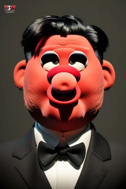 Waist up muppet Portrait, Kim Jong-un muppet doll, black suit, photo studio, red background, unreal engine 5, concept art, art station, god lights, ray tracing, RTX, lumen lighting, ultra detail, volumetric lighting, 3d.