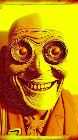 An old picture style of brown and white face of an evil mono very bad quality looks very old camera picture with cracks a face very ugly with h big wired eyes and devilish smile looks looking at you , year 1900