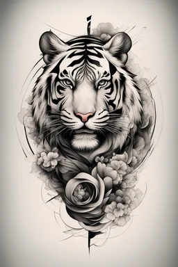 Create a captivating modern 2d ink tattoo design for print , prestigious Divine Tiger using the elegant influences of japan art style, for print, dynamic elements from fashion and design, and bold Japanese contemporary art aesthetics, framing centered in the center, distanced from the edges of the paper perimeter, perfect anatomy, bauhaus, Divine Proportion,