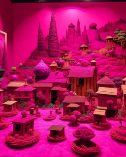 A purplish magenta town made out of yo-yos and tops designed in Japanese Oni masks painted by Albert Pinkham Ryder