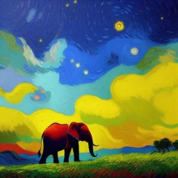 Dibujo al oleo de un elefante indio pintado con muchas nubes de colores estilo Vincent van Gogh 8k