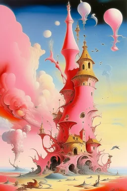 A pink magic genie castle painted by Salvador Dali