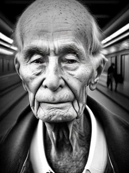 a protrait of a begger sitting inside a subway station in NYC. He is 80 years old, caucasion, thin with balding hair. In one hand he is holding a plastic cup and the other hand is stretched out to beg. Black and white photograph hyperrealistic photorealistic photography