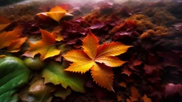 Theme Autumn. Triple exposure. Bottom layer is a misty view of an autumnal forest, leaves changing colour, fallen leaves on the ground. Second layer shows chestnuts, acorns, berries from a closer viewpoint. Top layer is almost transparent and shows a large perfect autumnal maple leaf. The whole image melds together into a commentary on the beauty of the autumn season in nature.