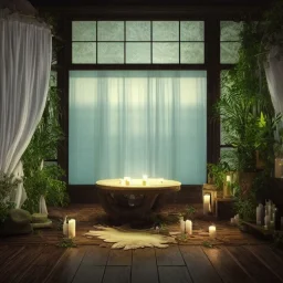 a gorgeous spa with gauzy curtains, dark wood floor, decorative blue-green pond, plants, candles, 8k resolution, white bean bag, high-quality, fine-detail, digital art, detailed matte, volumetric lighting, illustration, 3D octane render, brian froud, howard lyon, greg rutowski, George Grie