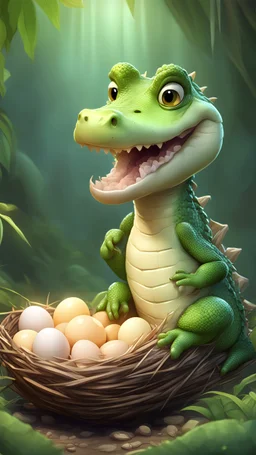 Kawaii, Cartoon, one Cute crocodile eating its eggs in the nest , Caricature, Realism, Beautiful, Delicate Shades, Lights, Intricate, CGI, Botanical Art, Animal Art, Art Decoration, Realism, 4K , Detailed drawing, Depth of field, Digital painting, Computer graphics, Raw photo, HDR