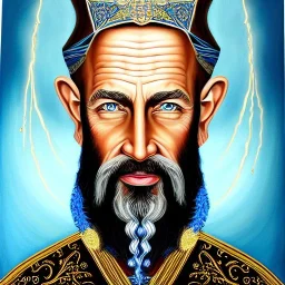 portrait painting of a wizard, ultra highly detailed, intricate details, shiny, sky blue eyes, pipe smoke, metallic, robes, embroidery, runes