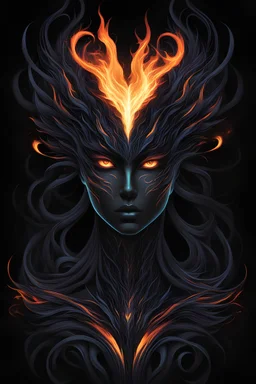 Captivating minimalist illustration of cosmic Dragman, made up of intricately intertwined black flames. Her intense, bright eyes draw the viewer into her mesmerizing gaze, the pulsing energy of each flame creating a euphoric symphony within the heart. Dark background,the bright striped tail adds depth and dimension to the scene,evoking a feeling of dark fantasy, intriguing and mysterious aura. Vector pop art cinematic piece masterfully combines light and shadow, leaving the viewer in awe.Full bo