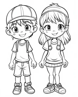 girl with boy cartoons coloring pages , no black color, no no flower, b/w outline art for kids coloring book page, Kids coloring pages, full white, kids style, white background, whole body, Sketch style, full body (((((white background))))), only use the outline., cartoon style, line art, coloring book, clean line art, white background, Sketch style