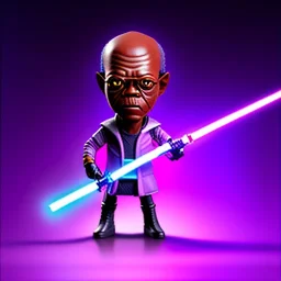 Hairless Samuel jackson purpleGlow jedi bobblehead holding a Single (purple) lightsaber sword Handle and boots