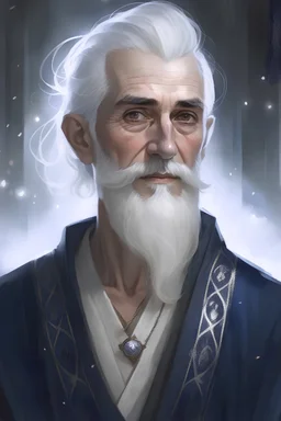 A fair-skinned elf. He is tall, thin, has silver hair and blue eyes. He has a thick silver beard. He has the appearance of a man of about sixty years. He wears a long tunic of blue color magician. He looks distracted and friendly. Ice particles float around him. In the image you must see at least half a bust. It must be comic-book style.