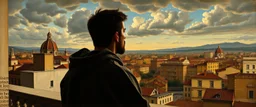 man in a hoodie watching the city from the balcony painted by Caravaggio