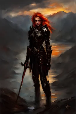 A formidable warrior girl in black armor, on the background Amazing gloomy landscape, flooded with sunset, mountains, trees, fabulous scary hero, , juicy emotions, painting, dark fantasy, gloomy day, dark world, portrait, by Anna Razumovskaya