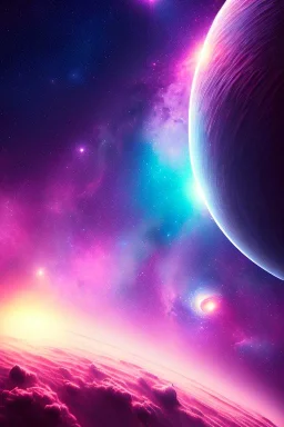 paysage extra-terrestrial, 4K, photo realiste, détails, rose et bleu, galaxie