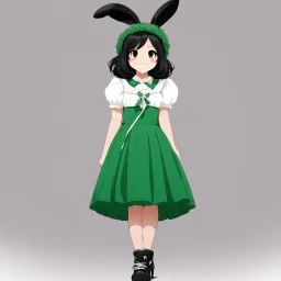louiseb, bunny hat, 1girl, green dress, solo, black hair, smile, black footwear, short sleeves,looking at viewer, smile,black eyes,looking to the side,crossed arms