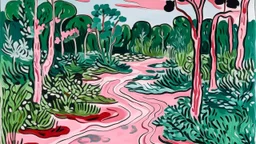 A pink swamp near a highway painted by Henri Matisse