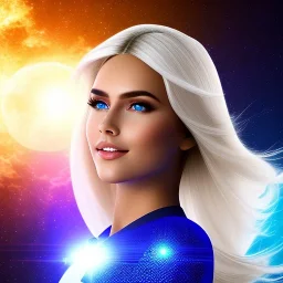 fae,detailed gorgeous face, straight blond long hair, perfect eyes, round pupil ,smiling regard, leugting, beautiful light blue full suit, space stars,blue sky,blue light ,crystals , metallic, galactic, contact, futuristic, spaceship, 16k resolution, sunrise light,ligh neon,cinematic lighting smooth,atmospheric, realistic, unreal engine 5, octane render, full head and body