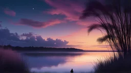 4K HD A woman serene landscape fills the poster, dominated by a vast sky painted in soft hues of blue and purple. Wispy clouds drift lazily across the heavens, casting gentle shadows. A tranquil lake reflects the sky's colors, with tall grasses swaying at the water's edge. Foreground: A lone figure sits by the shore, lost in contemplation. The scene exudes calmness and tranquility.