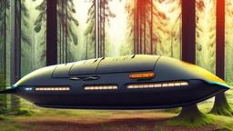 Sleek, smooth, small Cargo Spaceship, shaped like a submarine, landing in a forest