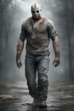 8K Ultra-HD, Hyper Realistic, Photorealistic, Realistic, focused, Clear, Extremely Detailed, beautiful, Cinematic, proportionate, full color, professional photo, full body image of extremely muscular Jason Voorhees wearing his terrifying hockey mask, a tattered and ripped button up shirt, rotting skin and bone showing through, muddy jeans, and gray work gloves, holding a bloody machete over his head, blood splatter everywhere, Dark, gloomy forest in the background with moon shining down, full c