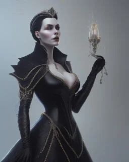 old evil queen in black leather gown, femme fatale, volouptous, busty, cleavage, angry, emperious, 8k resolution concept art portrait by Greg Rutkowski,