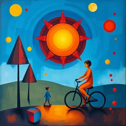 create a surreal whimsical cubist painting featuring two bold geometric human figures in vivid blue and fiery red-orange, accompanied by a smaller cyclist figure, abstract background with triangular trees and playful circles, a massive segmented sun-circle dominating the sky, glowing colors reflecting on the ground, detailed modern art style, dreamlike composition --ar 16:9 --v 7 --style 4b --q 2