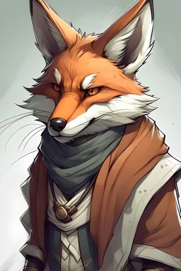 anime style anthropomorphic fox in assassin clothing with a scarf. This character exudes an air of strength and resilience. In a dramatic shot, the character is depicted in a state of deep sadness and seriousness. Their eyes reflect the weight of their experiences.