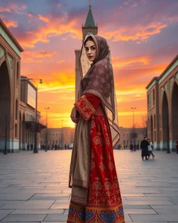 fA hyper-detailed digital painting of a young woman in traditional Azerbaijani folk costume standing in Tabriz Saat Square. She wears a floor-length crimson, gold, and sapphire embroidered dress with intricate embroidery, a translucent patterned ropush (scarf) draped over her head revealing braided hair with silver guppu (coins). The composition follows the rule of thirds, with the 19th-century clock tower framing her silhouette against a gradient sunset sky of tangerine and lavender. Ultra-det