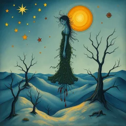 A poetic dreamscape in the style of Marc Chagall. A surreal desert floats in the sky. A woman made of vines and thorns rises among stars, sun, and abstract branches. A bleeding hand floats beside her. Magical realism, blue tones, flying symbols, and mystical storytelling. --v 7 --style raw --ar 3:2