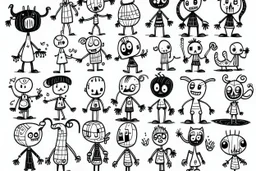 make a bunch of simple hand-drawn spooky and cute cartoon characters with bodies arms, and legs I could draw and make them all different