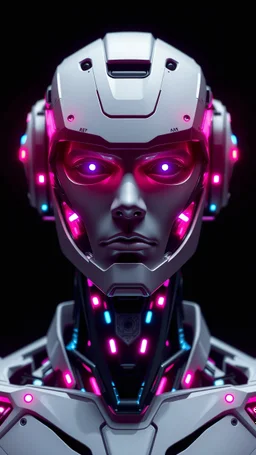 busto y rostro frontal masculino robot en alta definicion y en estilo realista futurista transformandose en humano, colores de luces magentas y cian